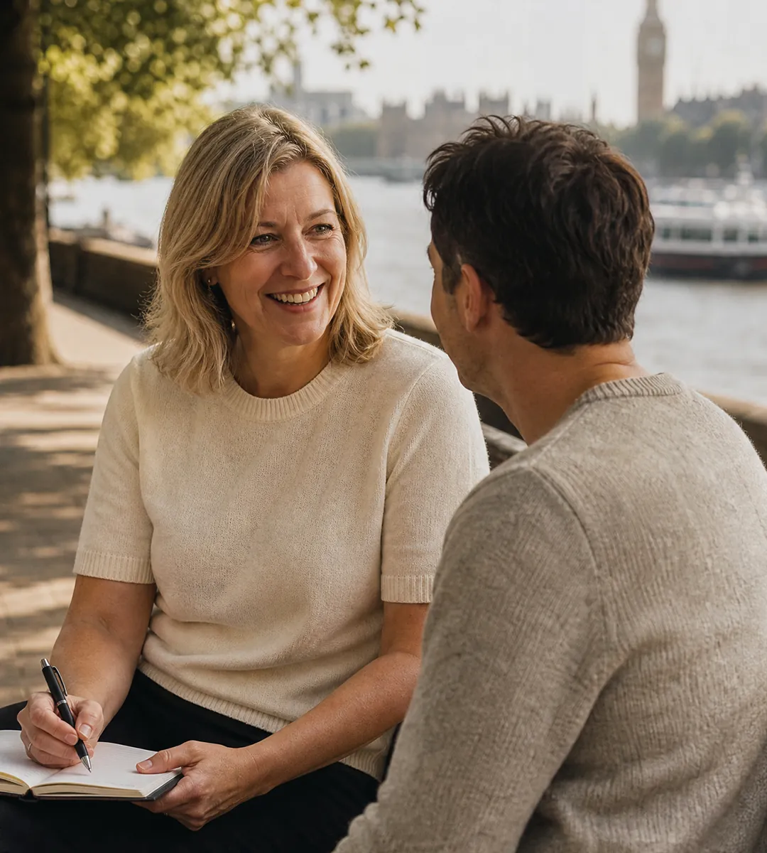 A speech and language therapist and a client in warm conversation on a bench by a London riverside, the therapist making notes.
